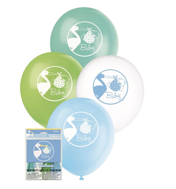 BABY BOY STORK 8 X 30CM (12") PRINTED LATEX BALLOONS